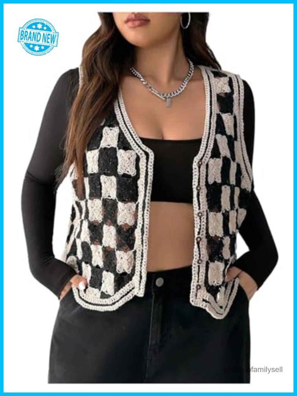 Plus Size Crochet Plaid Button Down V Neck Sleeveless Knit Sweater Vest